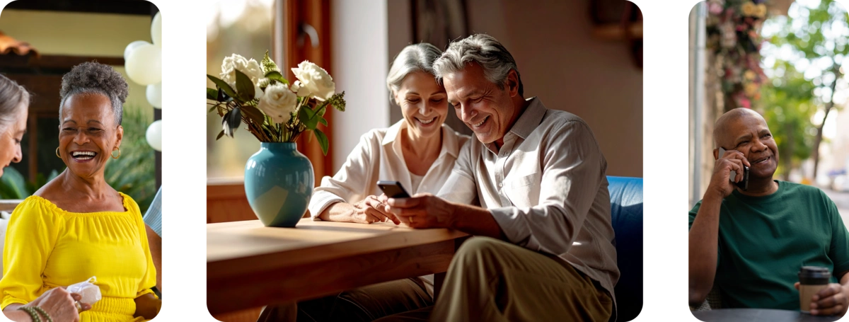 Casais maduros sorrindo ao usar smartphone para consultar valores de RPV antecipados pela LCBank, destinados a aposentados