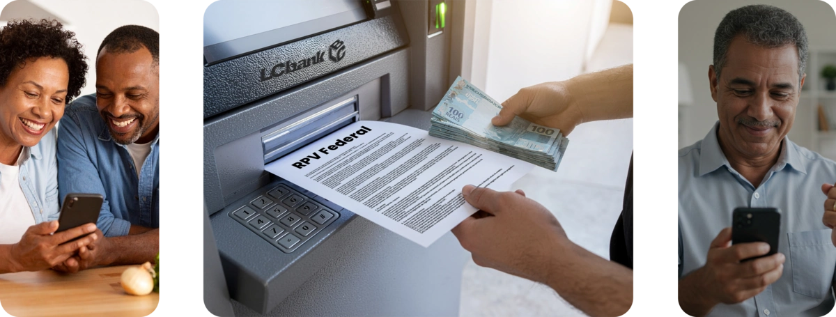 Casal sorrindo usando celular enquanto RPV Federal é retirado do caixa eletrônico e homem feliz vê RPV VALOR no celular, representando antecipação pela LCBank