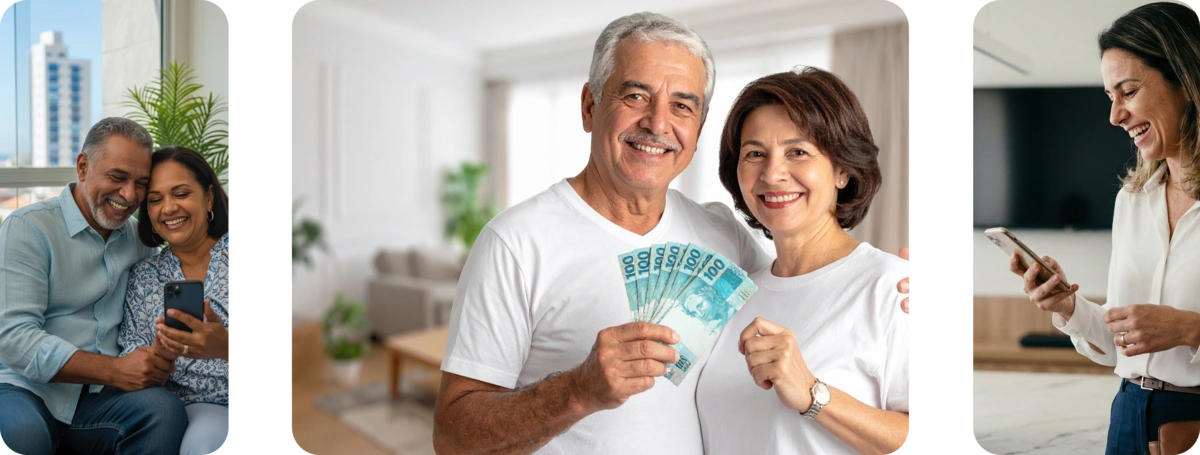 Casal de aposentados sorrindo enquanto usa celular e segura notas de RPV VALOR, celebrando renda extra antecipada pela LCBank