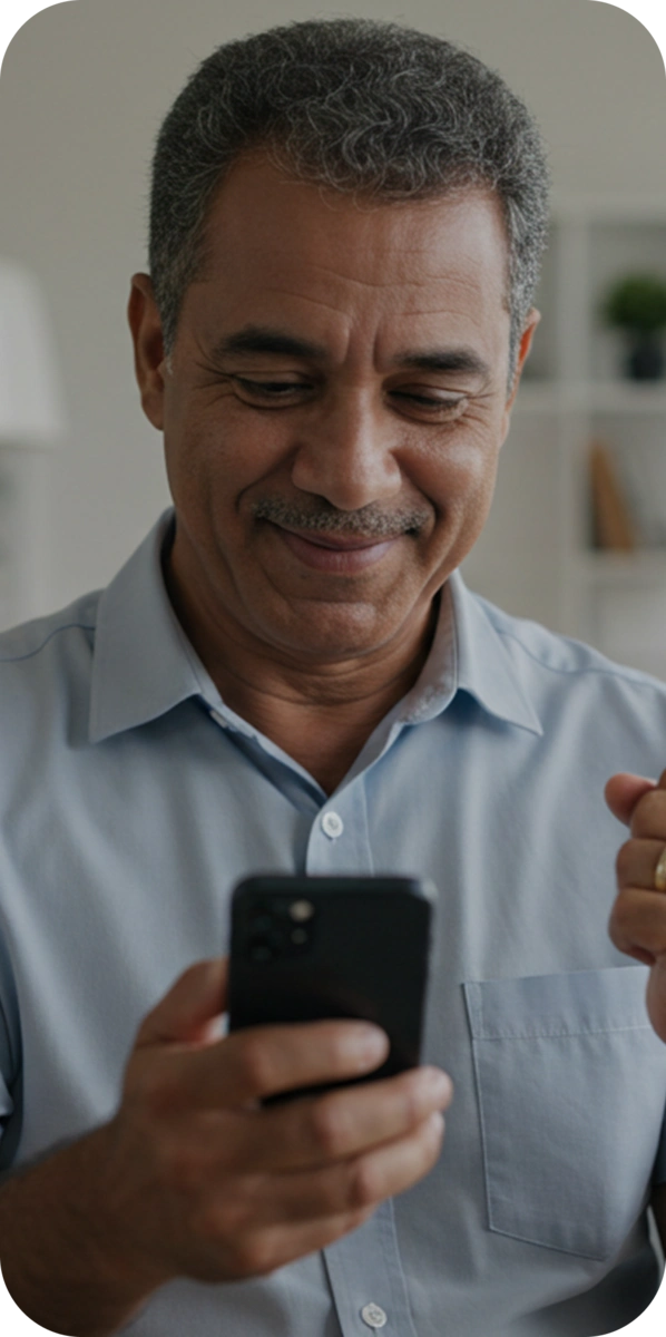 Homem sorrindo ao olhar para o celular após receber valor de RPV antecipado pela LCBank