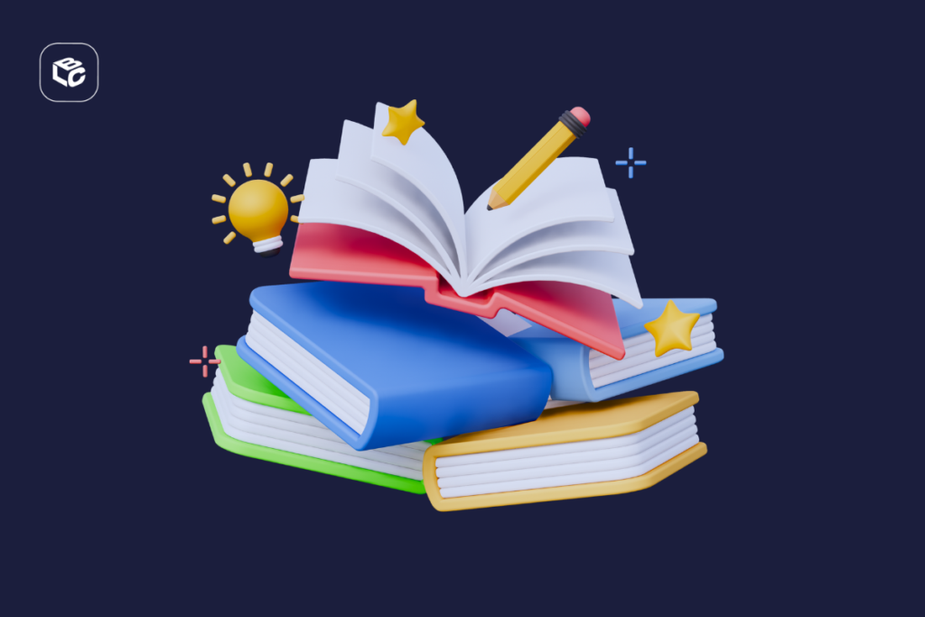 Pilhas de livros coloridos, lápis, lâmpada de ideia e estrelas, simbolizando aprendizado e criatividade.