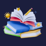 Pilhas de livros coloridos, lápis, lâmpada de ideia e estrelas, simbolizando aprendizado e criatividade.