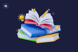 Pilhas de livros coloridos, lápis, lâmpada de ideia e estrelas, simbolizando aprendizado e criatividade.