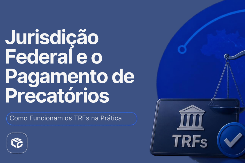 “Jurisdição Federal e o Pagamento de Precatórios”. Logo abaixo, dentro de uma faixa arredondada com contorno azul, aparece o subtítulo: “Como Funcionam os TRFs na Prática”.